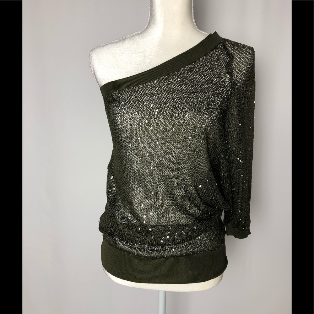 Arden b Sequins One Shoulder Sheer Sweater